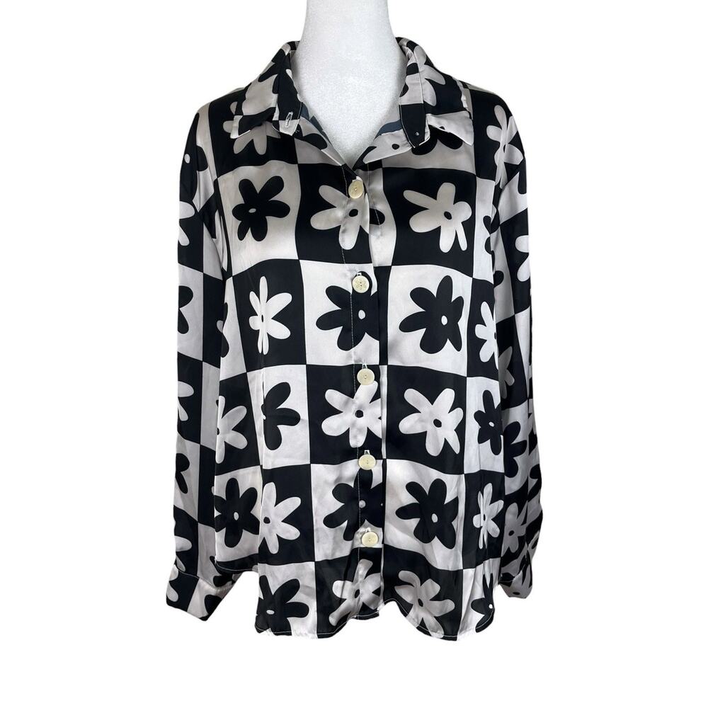 Lisa Says Gah Bailey Floral Checkerboard Blouse Satin Pajama Shirt Size Medium - Picture 2 of 7